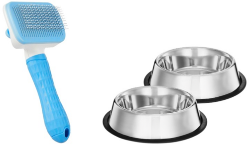 Pet Grooming Kit – Blue Brush & Stainless Steel Dog Bowls Set
